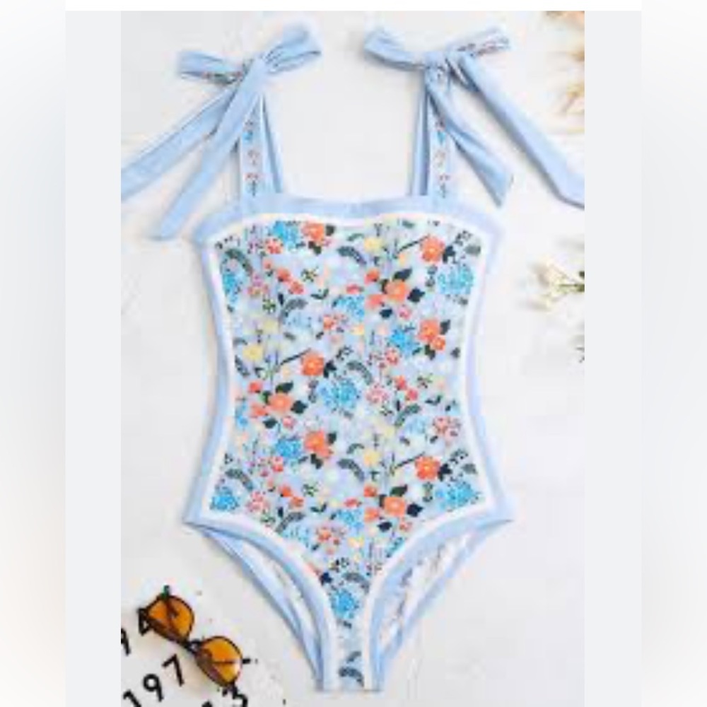 Visual Swim Retro Blue Floral Print Reversible Shoulder Tie One Piece Swimsuit